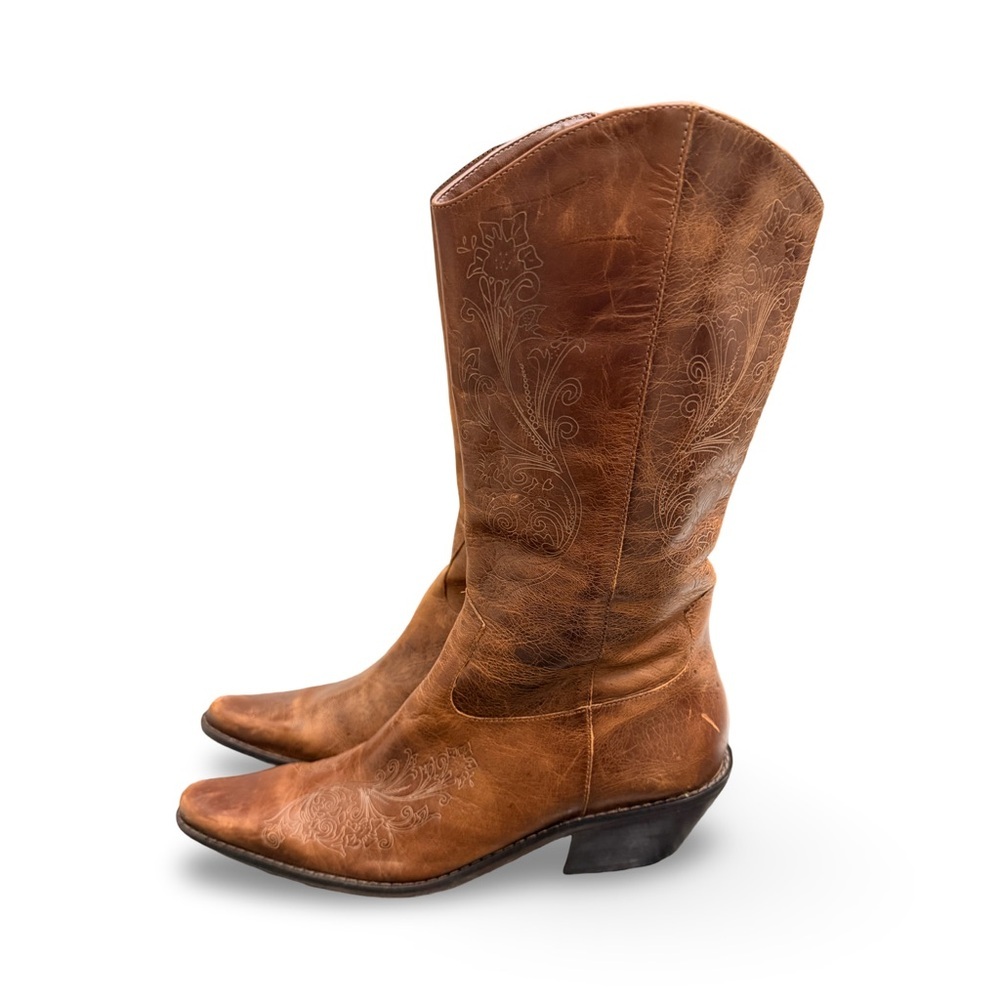 Matisse Brown Leather Cowboy Boots with Embossed Detailing Size 8 - Picture 3 of 9